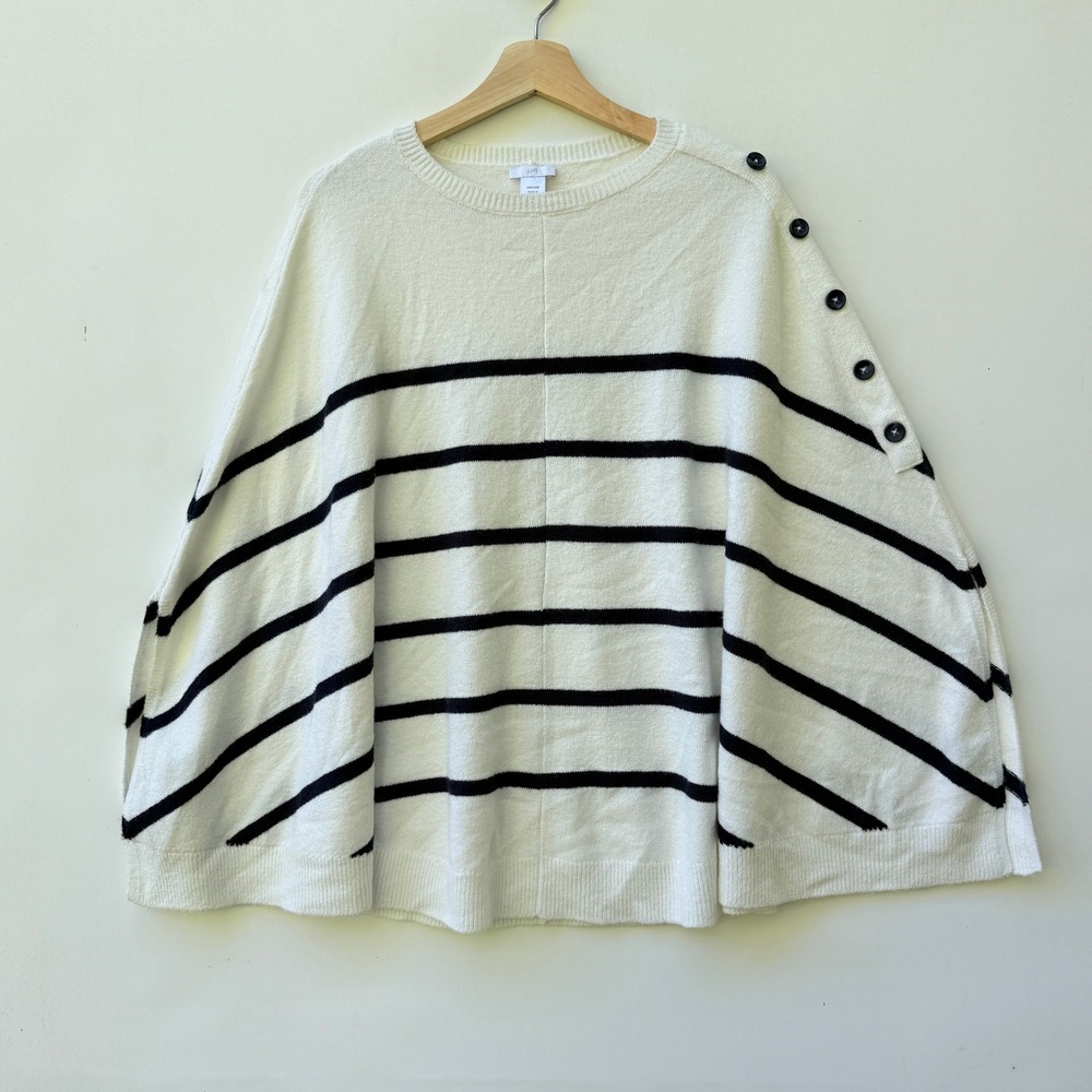 J Jill Womens One Size Poncho‎ Sweater Cream Black Striped Coastal Button Top